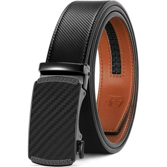 Mens ratchet leather belt adjustable slide dress belt black brown work casual - Picture 1 of 7
